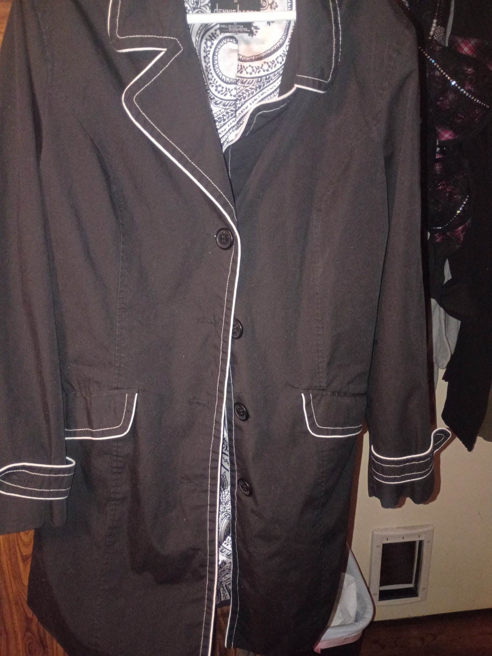 dennis basso Black Trench Coat with White Piping